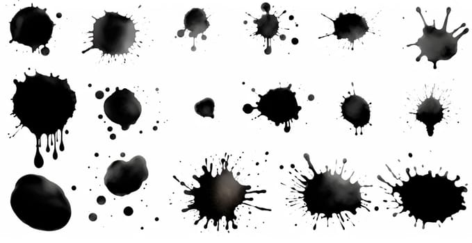 Splashes, drops, a set of black blots. Set of raster icons of liquid elements