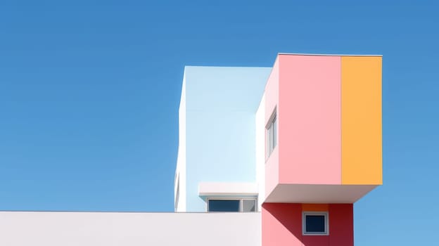 A colorful building with blue sky in minimalist style. Generative AI image weber.