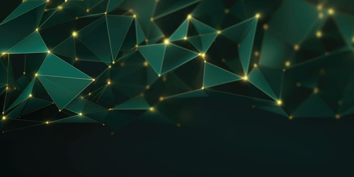 3D network connections with plexus design green and gold color background wallpaper. Generative AI image weber.