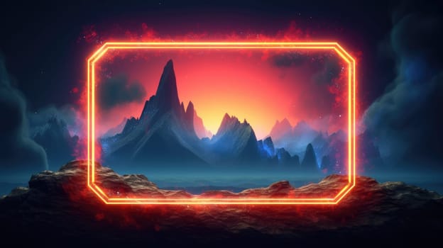 Glowing neon rectangle frame over abstract landscape. Generative AI image weber.