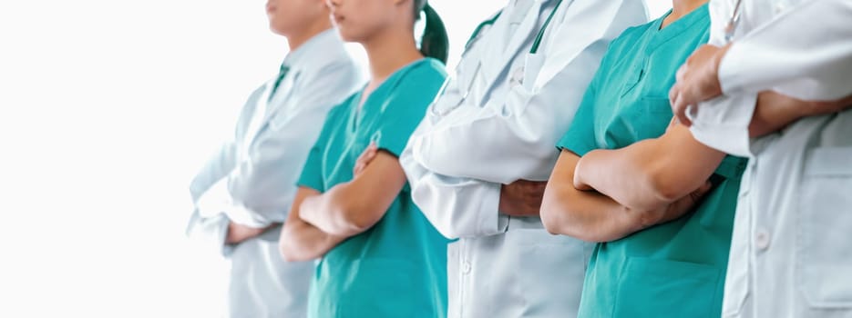 Confident medical staff team with doctor nurse and healthcare specialist professions people in hospital or clinic office. Medical and healthcare community in panoramic banner. Neoteric