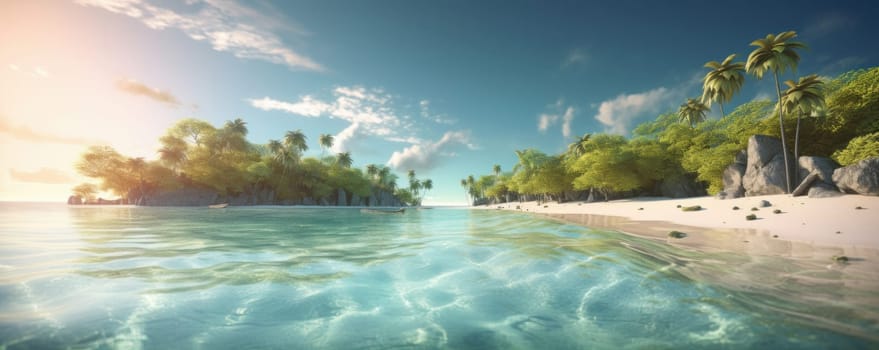 The perfect paradise a tropical beach surrounded by palm trees and rocky cliffs. The serenity of this scene is AI generative.