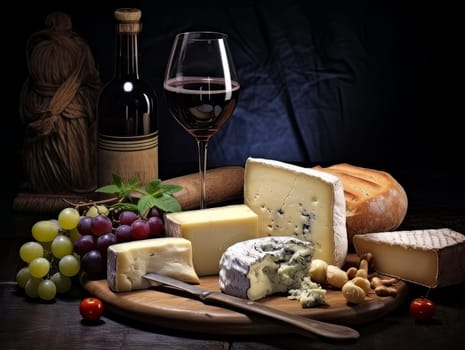 Board with cheeses, red wine in a glass and grapes. Still life of table for tasting cheese and wine, cozy romantic atmosphere, low key AI