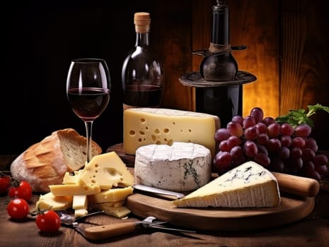 Board with cheeses, red wine in a glass and grapes. Still life of table for tasting cheese and wine, cozy romantic atmosphere, low key AI