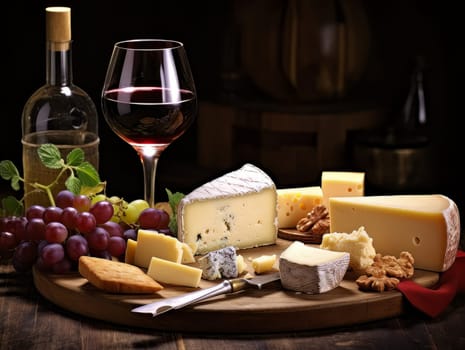 Board with cheeses, red wine in a glass and grapes. Still life of table for tasting cheese and wine, cozy romantic atmosphere, low key AI