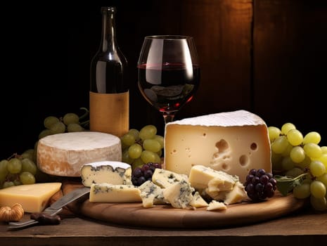 Board with cheeses, red wine in a glass and grapes. Still life of table for tasting cheese and wine, cozy romantic atmosphere, low key AI