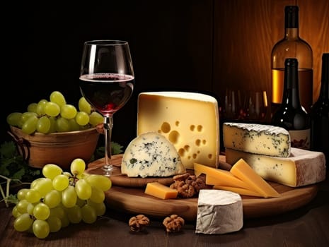 Board with cheeses, red wine in a glass and grapes. Still life of table for tasting cheese and wine, cozy romantic atmosphere, low key AI