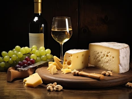 Board with cheeses, white wine in glass and grapes. Still life of table for tasting cheese and wine, cozy romantic atmosphere, low key AI