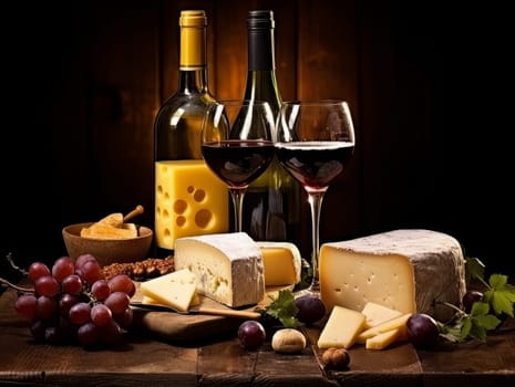 Board with cheeses, red wine in glasses and grapes. Still life of table for tasting cheese and wine, cozy romantic atmosphere, low key AI