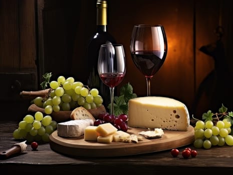 Board with cheeses, red wine in glasses and grapes. Still life of table for tasting cheese and wine, cozy romantic atmosphere, low key AI