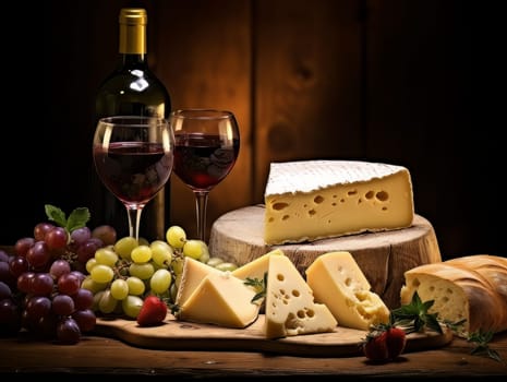 Board with cheeses, red wine in glasses and grapes. Still life of table for tasting cheese and wine, cozy romantic atmosphere, low key AI