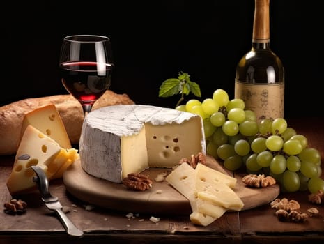 Board with cheeses, red wine in a glass and grapes. Still life of table for tasting cheese and wine, cozy romantic atmosphere, low key AI