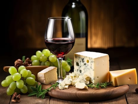 Board with cheeses, red wine in a glass and grapes. Still life of table for tasting cheese and wine, cozy romantic atmosphere, low key AI