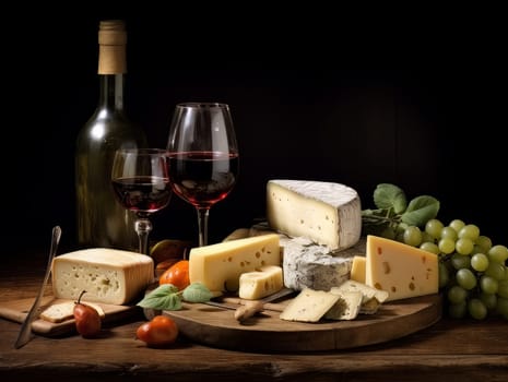 Board with cheeses, red wine in glasses and grapes. Still life of table for tasting cheese and wine, cozy romantic atmosphere, low key AI