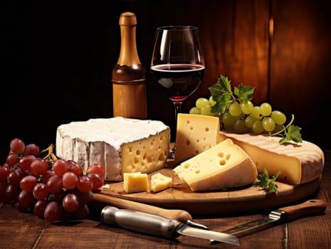 Board with cheeses, red wine in a glass and grapes. Still life of table for tasting cheese and wine, cozy romantic atmosphere, low key AI