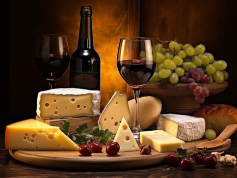 Board with cheeses, red wine in a glass and grapes. Still life of table for tasting cheese and wine, cozy romantic atmosphere, low key AI