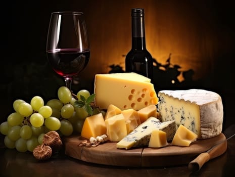 Board with cheeses, red wine in a glass and grapes. Still life of table for tasting cheese and wine, cozy romantic atmosphere, low key AI