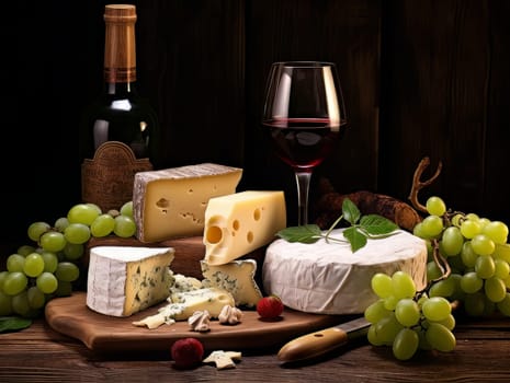 Board with cheeses, red wine in a glass and grapes. Still life of table for tasting cheese and wine, cozy romantic atmosphere, low key AI