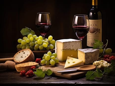 Board with cheeses, red wine in glasses and grapes. Still life of table for tasting cheese and wine, cozy romantic atmosphere, low key AI