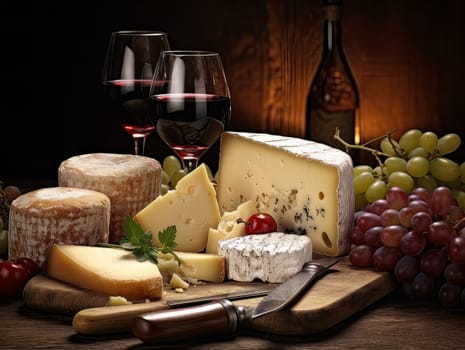 Board with cheeses, red wine in glasses and grapes. Still life of table for tasting cheese and wine, cozy romantic atmosphere, low key AI