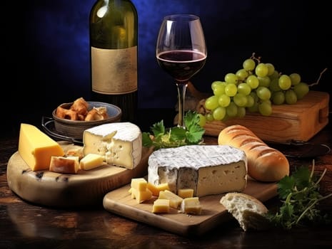 Board with cheeses, red wine in a glass and grapes. Still life of table for tasting cheese and wine, cozy romantic atmosphere, low key AI