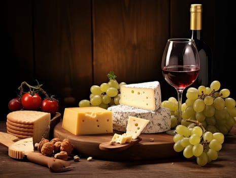 Board with cheeses, red wine in a glass and grapes. Still life of table for tasting cheese and wine, cozy romantic atmosphere, low key AI