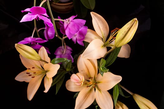 A low key image of yellow lilies and purple orchids shot against a black background.