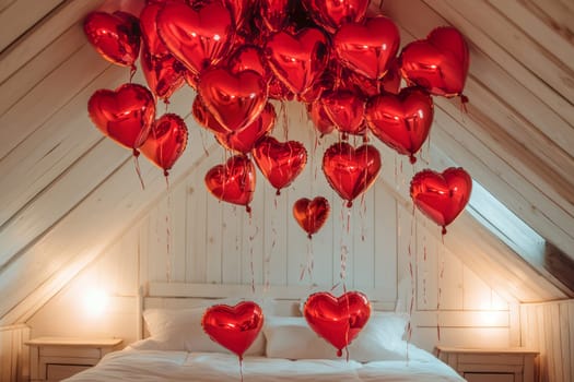 Red Heart Shaped Balloons in White Bedroom for Valentine's Day celebration
