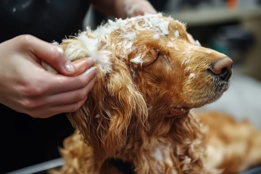 Groomer's hands lather a cocker spaniel with shampoo Shower foam in bath