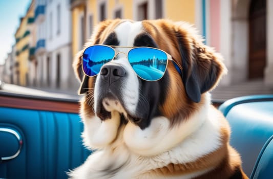 Saint Bernard in blue glasses driving a car in the city