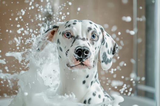 Dalmatian in the shower foam in bath