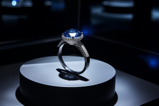 Ring with sapphire and diamond on the podium on black coal background