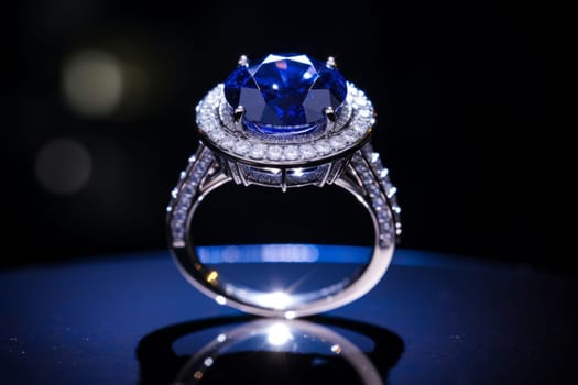 Ring with sapphire and diamond on the podium on black coal background