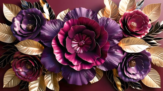 Luxurious digital artwork of symmetrical purple flowers with metallic gold leaves on a deep maroon background. Perfect for wall art, greeting cards, packaging, and high-end design projects.