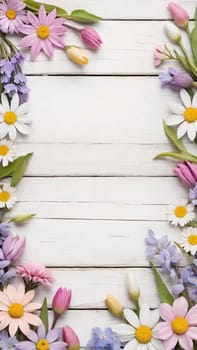 Colorful Spring Flowers on Wooden Background.A vibrant and colorful arrangement of various spring flowers, including daisies, tulips, and other blossoms, placed on a light blue and white wooden background. The flowers are positioned along the left side of the image, creating a beautiful and natural border. The combination of different flower types and colors, such as white, pink, purple, yellow, and blue, adds a cheerful and fresh feel to the image, making it perfect for spring-themed designs, backgrounds, or advertisements.