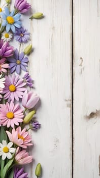 Colorful Spring Flowers on Wooden Background.A vibrant and colorful arrangement of various spring flowers, including daisies, tulips, and other blossoms, placed on a light blue and white wooden background. The flowers are positioned along the left side of the image, creating a beautiful and natural border. The combination of different flower types and colors, such as white, pink, purple, yellow, and blue, adds a cheerful and fresh feel to the image, making it perfect for spring-themed designs, backgrounds, or advertisements.