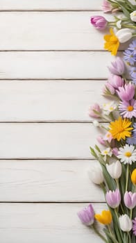 Colorful Spring Flowers on Wooden Background.A vibrant and colorful arrangement of various spring flowers, including daisies, tulips, and other blossoms, placed on a light blue and white wooden background. The flowers are positioned along the left side of the image, creating a beautiful and natural border. The combination of different flower types and colors, such as white, pink, purple, yellow, and blue, adds a cheerful and fresh feel to the image, making it perfect for spring-themed designs, backgrounds, or advertisements.