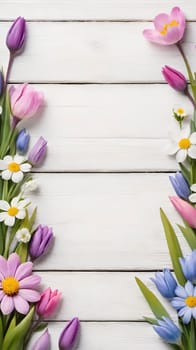 Colorful Spring Flowers on Wooden Background.A vibrant and colorful arrangement of various spring flowers, including daisies, tulips, and other blossoms, placed on a light blue and white wooden background. The flowers are positioned along the left side of the image, creating a beautiful and natural border. The combination of different flower types and colors, such as white, pink, purple, yellow, and blue, adds a cheerful and fresh feel to the image, making it perfect for spring-themed designs, backgrounds, or advertisements.