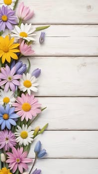 Colorful Spring Flowers on Wooden Background.A vibrant and colorful arrangement of various spring flowers, including daisies, tulips, and other blossoms, placed on a light blue and white wooden background. The flowers are positioned along the left side of the image, creating a beautiful and natural border. The combination of different flower types and colors, such as white, pink, purple, yellow, and blue, adds a cheerful and fresh feel to the image, making it perfect for spring-themed designs, backgrounds, or advertisements.