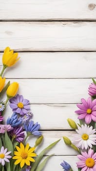 Colorful Spring Flowers on Wooden Background.A vibrant and colorful arrangement of various spring flowers, including daisies, tulips, and other blossoms, placed on a light blue and white wooden background. The flowers are positioned along the left side of the image, creating a beautiful and natural border. The combination of different flower types and colors, such as white, pink, purple, yellow, and blue, adds a cheerful and fresh feel to the image, making it perfect for spring-themed designs, backgrounds, or advertisements.