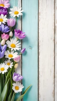 Colorful Spring Flowers on Wooden Background.A vibrant and colorful arrangement of various spring flowers, including daisies, tulips, and other blossoms, placed on a light blue and white wooden background. The flowers are positioned along the left side of the image, creating a beautiful and natural border. The combination of different flower types and colors, such as white, pink, purple, yellow, and blue, adds a cheerful and fresh feel to the image, making it perfect for spring-themed designs, backgrounds, or advertisements.