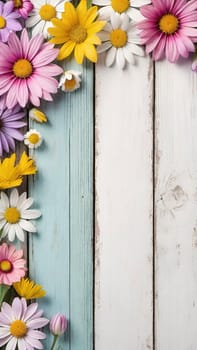 Colorful Spring Flowers on Wooden Background.A vibrant and colorful arrangement of various spring flowers, including daisies, tulips, and other blossoms, placed on a light blue and white wooden background. The flowers are positioned along the left side of the image, creating a beautiful and natural border. The combination of different flower types and colors, such as white, pink, purple, yellow, and blue, adds a cheerful and fresh feel to the image, making it perfect for spring-themed designs, backgrounds, or advertisements.