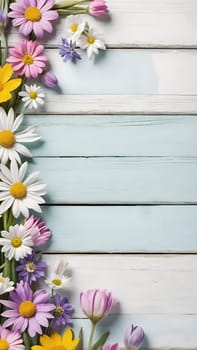 Colorful Spring Flowers on Wooden Background.A vibrant and colorful arrangement of various spring flowers, including daisies, tulips, and other blossoms, placed on a light blue and white wooden background. The flowers are positioned along the left side of the image, creating a beautiful and natural border. The combination of different flower types and colors, such as white, pink, purple, yellow, and blue, adds a cheerful and fresh feel to the image, making it perfect for spring-themed designs, backgrounds, or advertisements.