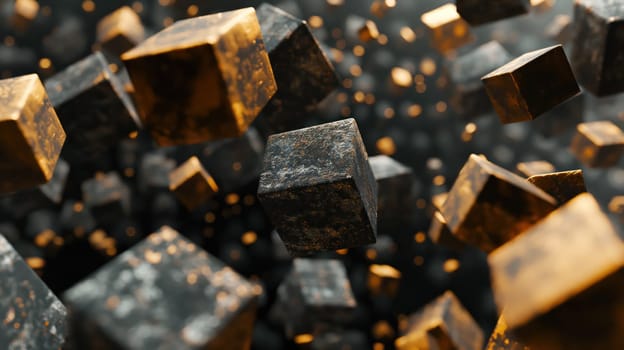 Hi-tech futuristic background with grey and golden stone cubes. Generative AI design