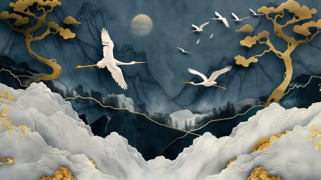 Crane birds Japanese paper background. Generative AI design