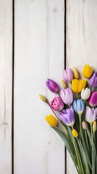 Colorful Spring Flowers on Wooden Background.A vibrant and colorful arrangement of various spring flowers, including daisies, tulips, and other blossoms, placed on a light blue and white wooden background. The flowers are positioned along the left side of the image, creating a beautiful and natural border. The combination of different flower types and colors, such as white, pink, purple, yellow, and blue, adds a cheerful and fresh feel to the image, making it perfect for spring-themed designs, backgrounds, or advertisements.