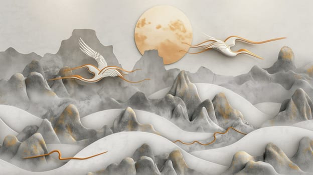 Crane birds Japanese abstract background. Generative AI design