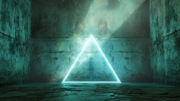 Luminous neon blue triangle on grunge concrete wall texture abstract background. Generative AI design