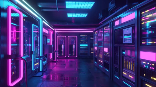 Hi-tech data storage server hallway, cloud computing neon glowing design. Generative AI design technology