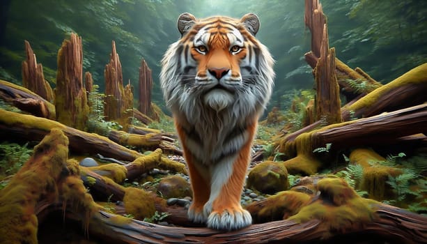 A majestic tiger strides through a dense, green jungle, surrounded by lush vegetation and mystical light that permeates the scene.